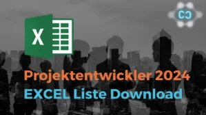 Excel-Logo und Silhouetten von Geschäftspersonen vor Skyline, Projektentwickler 2024 Excel Liste Download