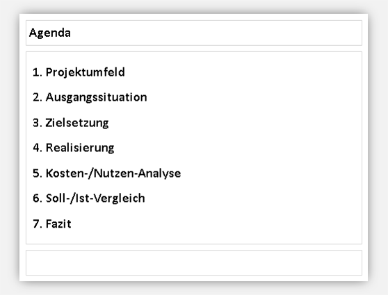Präsentations-Agenda-Folie mit sieben Hauptpunkten zur Projektpräsentation