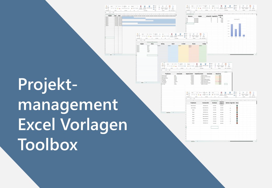 Übersicht mehrerer Projektmanagement Excel Vorlagen mit Gantt, Kanban, Budget und Berichte