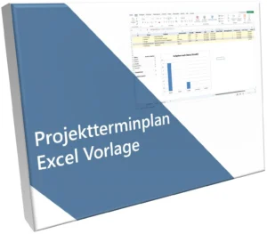 3D-Produktabbildung der Projektterminplan Excel Vorlage mit Screenshot und Verpackung