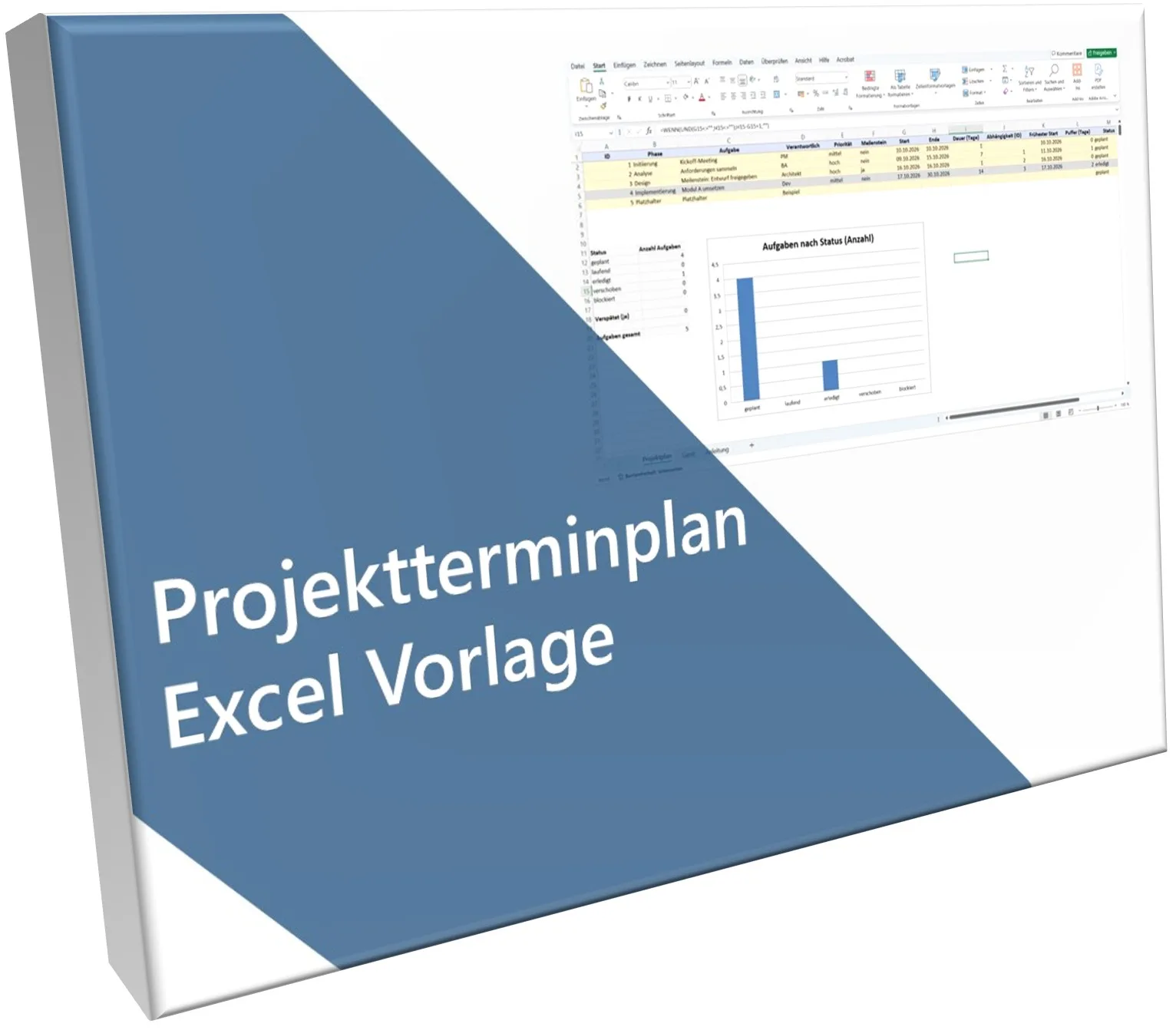 3D-Produktabbildung der Projektterminplan Excel Vorlage mit Screenshot und Verpackung