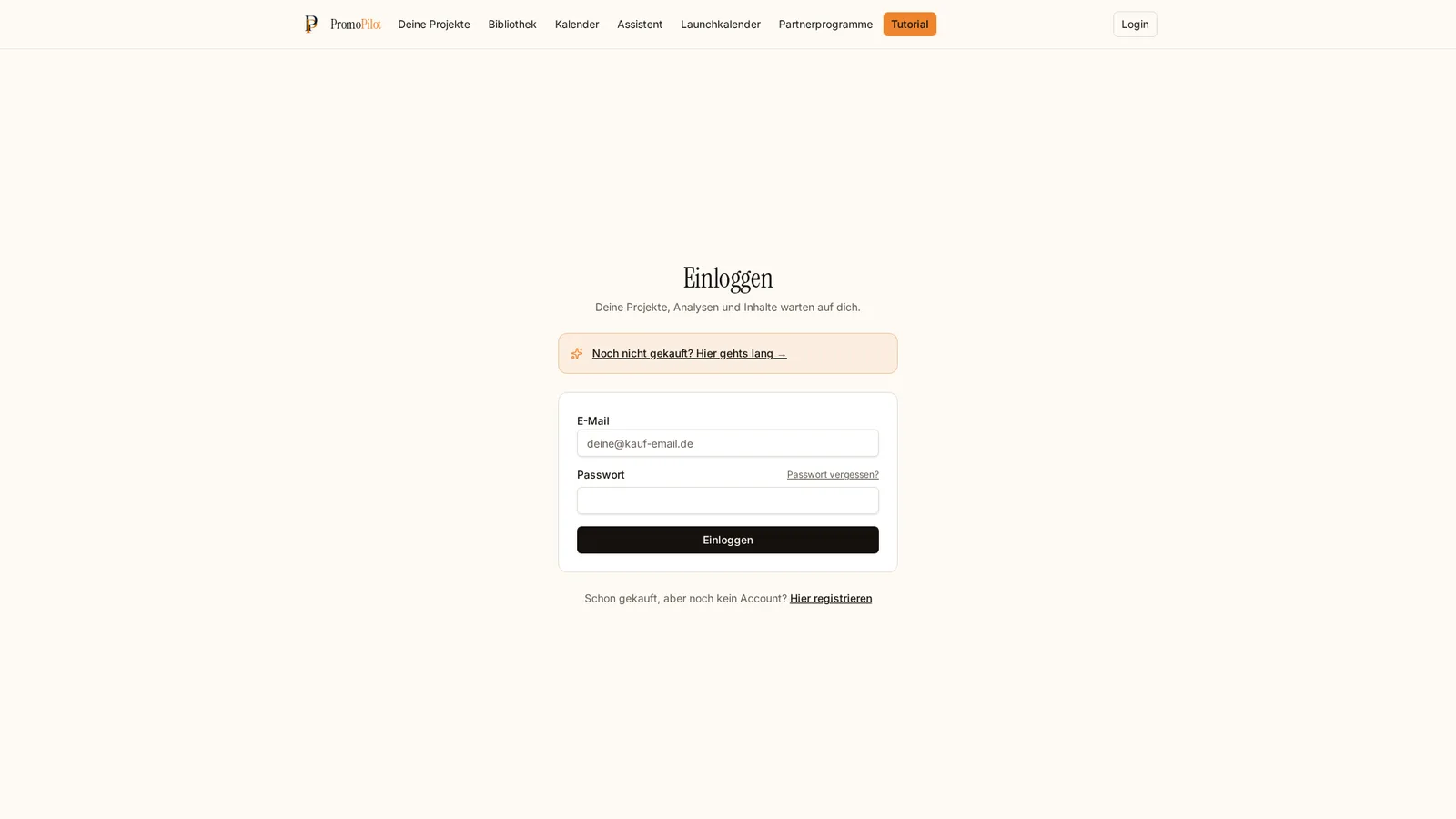 PromoPilot Login-Seite mit Einloggen-Formular für E-Mail und Passwort