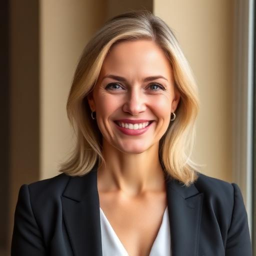 Profilbild einer lächelnden Frau mit blonden Haaren im schwarzen Businessblazer vor beigem Hintergrund