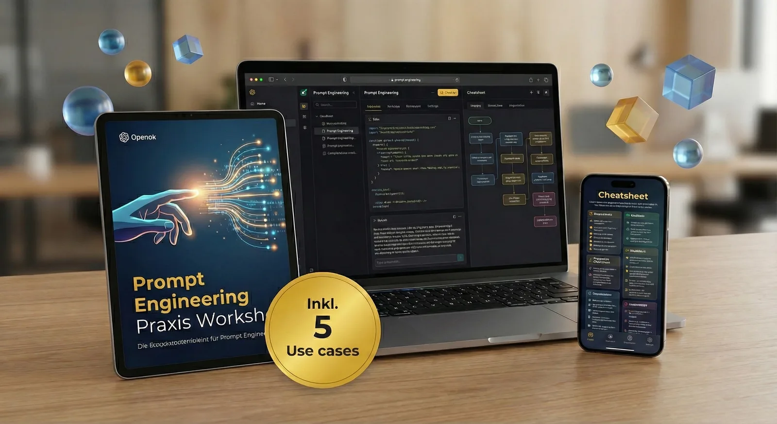 CopeCart Produktmockup mit Tablet, Laptop und Smartphone zeigt Prompt Engineering Workshop mit 5 Use Cases