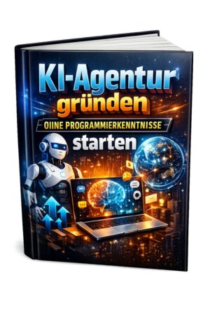 Buchcover KI-Agentur gründen mit Roboter, Laptop, Globus und Aufwärtstrend