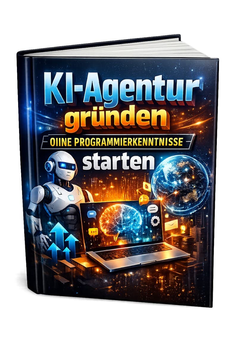 Buchcover KI-Agentur gründen mit Roboter, Laptop, Globus und Aufwärtstrend