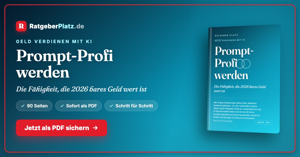 Hero-Banner mit Prompt-Profi werden Ratgeber, RatgeberPlatz Logo, Angebotsteaser mit PDF-Download