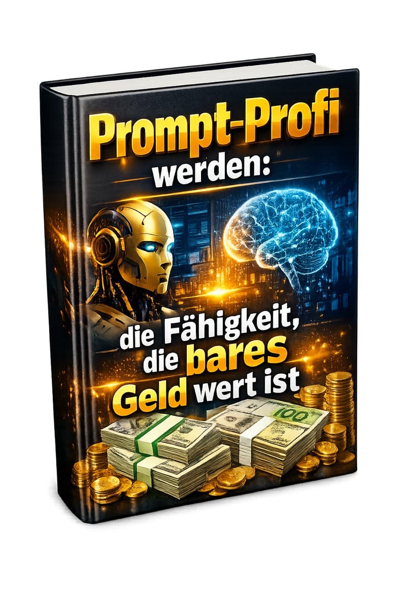 Buchcover Prompt-Profi werden mit Roboterkopf und Gehirn-Motiv, Geldstapel, türkiser Hintergrund