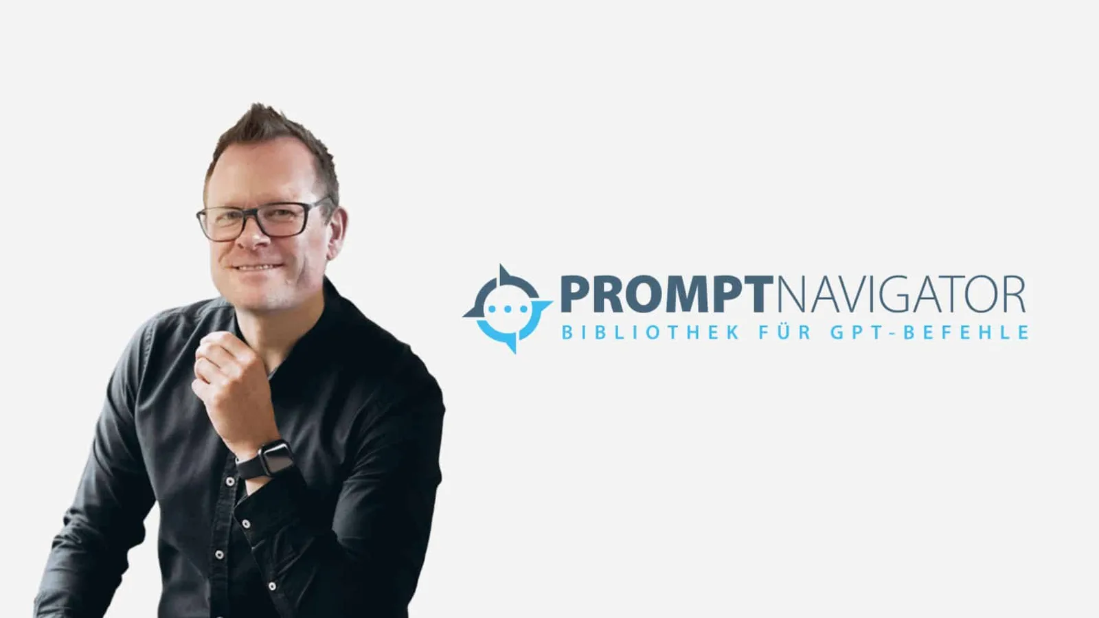 Brian Klanten mit PromptNavigator Logo – Bibliothek für GPT-Befehle, professionelle Produktpräsentation
