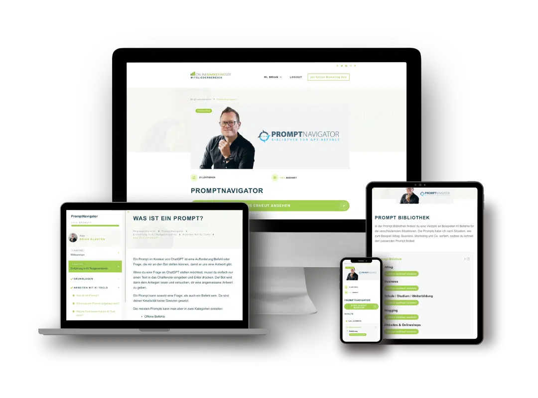 PromptNavigator Website auf verschiedenen Geräten – Desktop, Laptop, Tablet und Smartphone mit responsivem Design