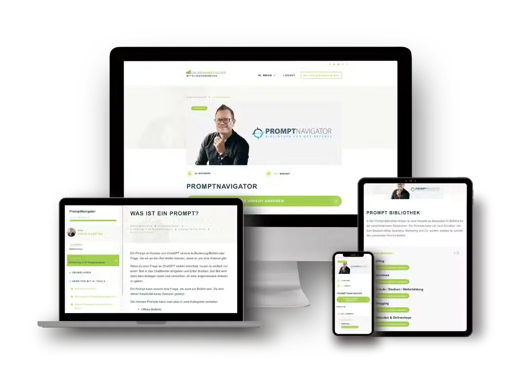 PromptNavigator Videokurs Interface mit Kursmodulen und Lektionen