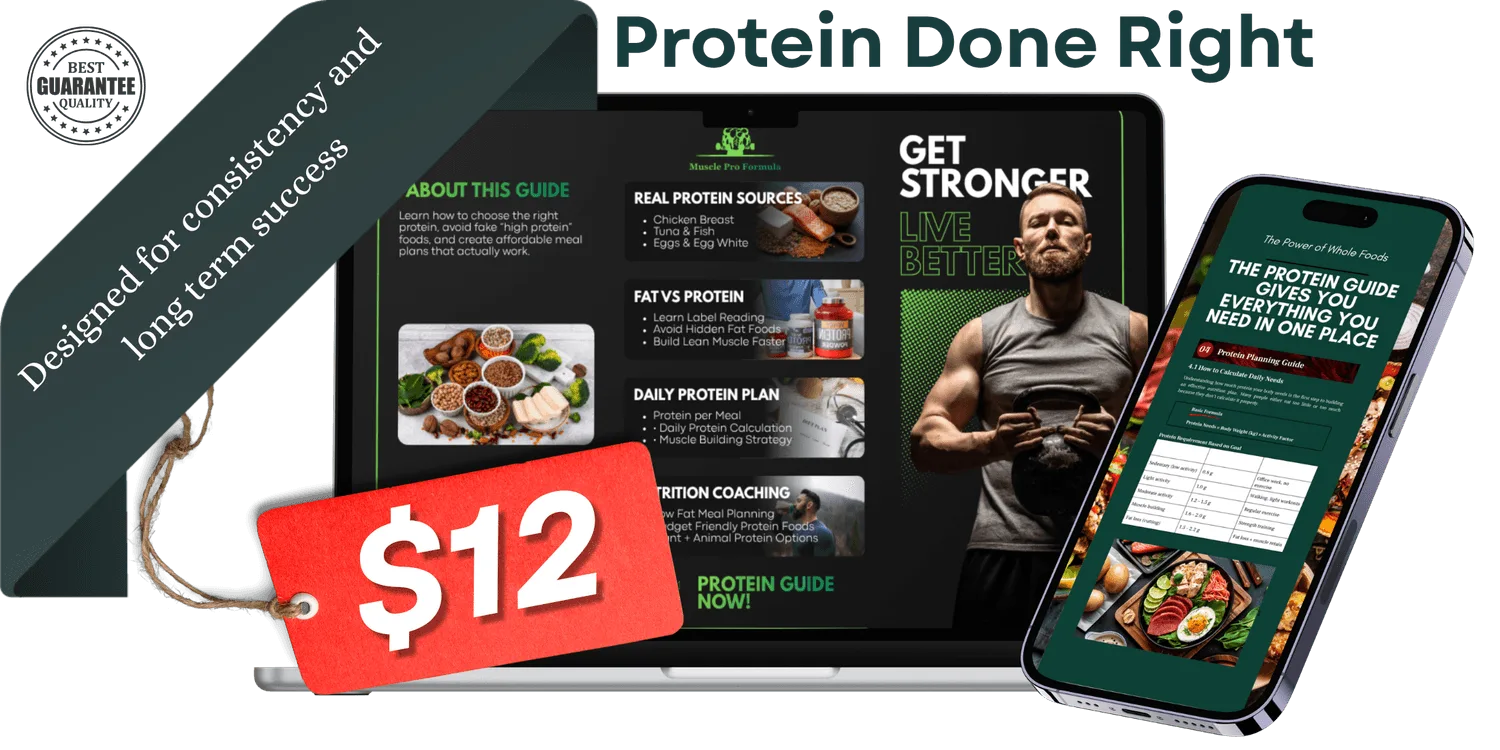Mockup des Protein Done Right Guides mit Laptop, Smartphone, Preisschild ($12) und Qualitätsgarantie-Siegel