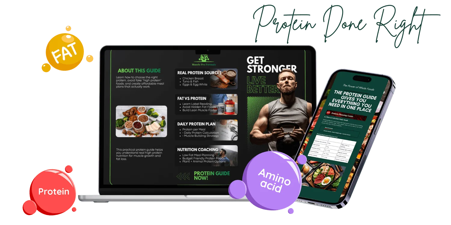 Protein Done Right Hero-Grafik mit Laptop, Smartphone und farbigen Elementen (Fett, Protein, Amino acid)