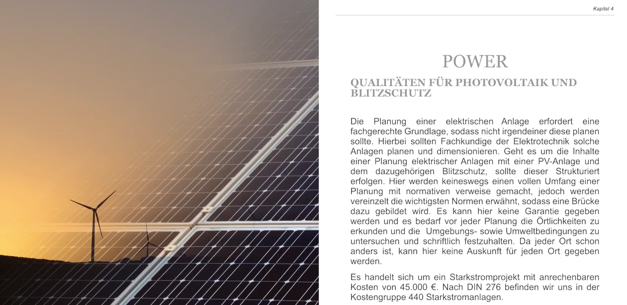 Kapitel 4 mit Solar- und Windkraft-Fotos: Power – Qualitäten für Photovoltaik und Blitzschutz