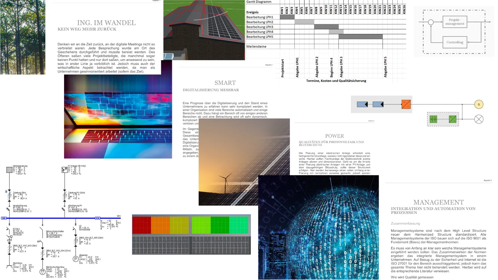 Collage aus mehreren Buchseiten mit Kapiteln, Diagrammen, Farbpaletten und technischen Schaltplänen