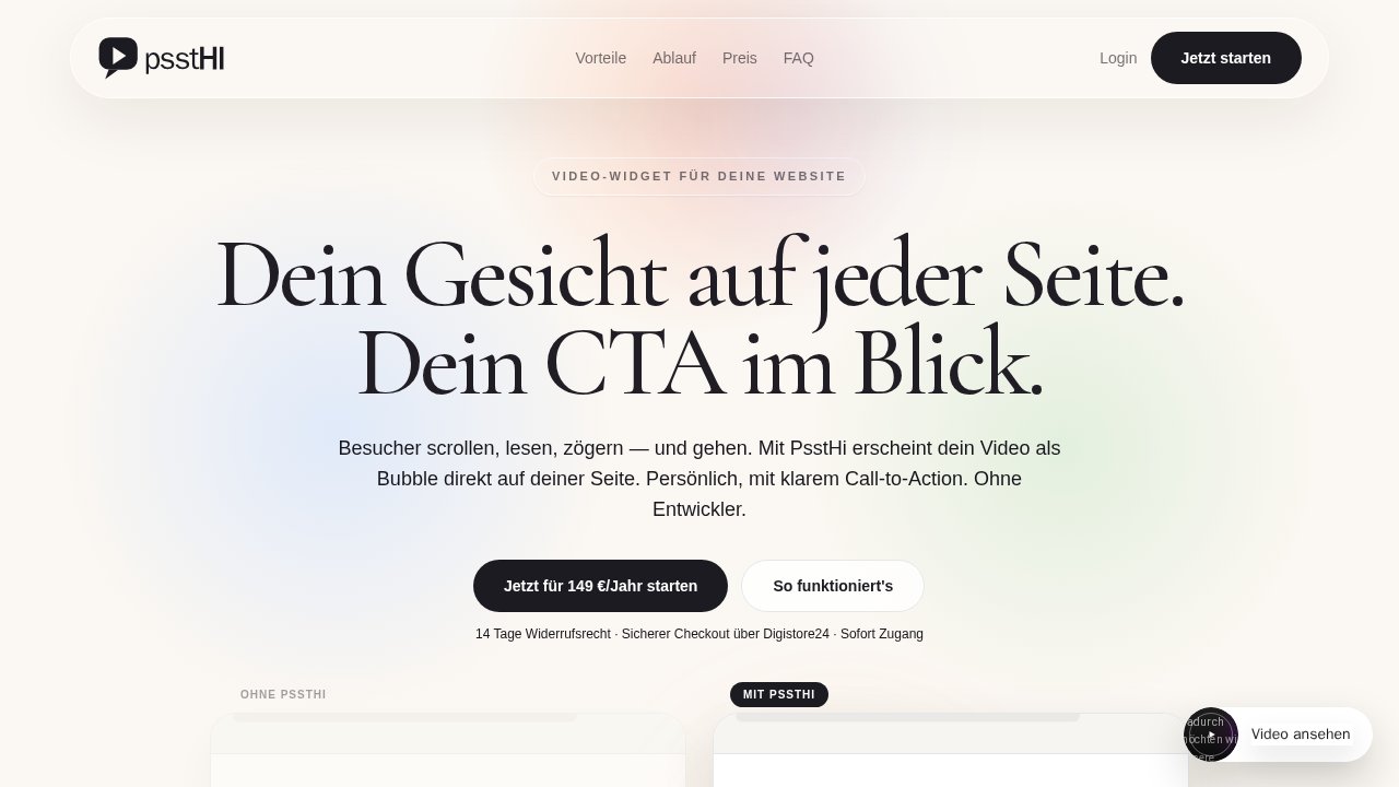 PsstHi – Video-Widget für deine Website – Ansicht der Verkaufsseite