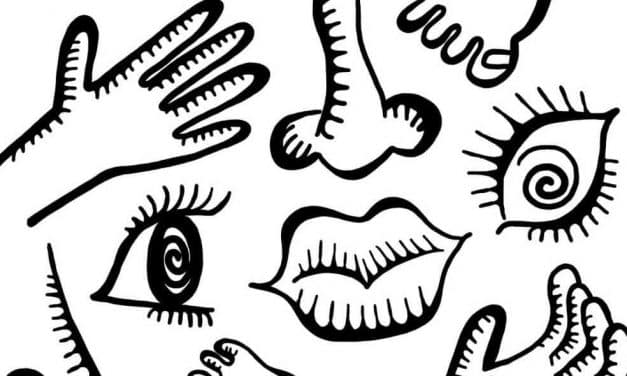Schwarz-weiße Grafik der sieben Sinne mit Auge, Mund, Ohr, Nase und Hand