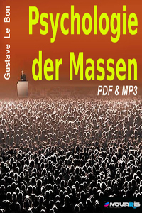 Cover Psychologie der Massen mit Menschenmenge, gelber Schrift auf rotem Hintergrund, Angabe PDF & MP3 Format