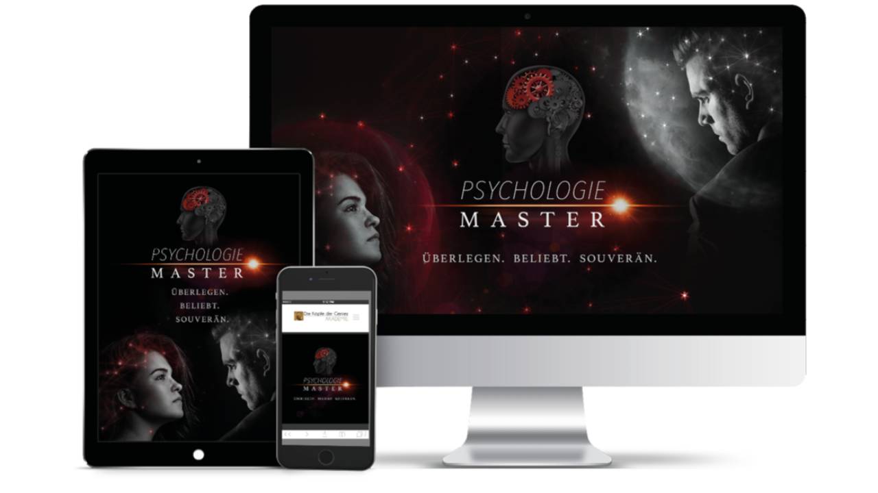 Psychologie Master Videokurs Hero-Grafik auf verschiedenen Geräten mit Gehirn und Porträts