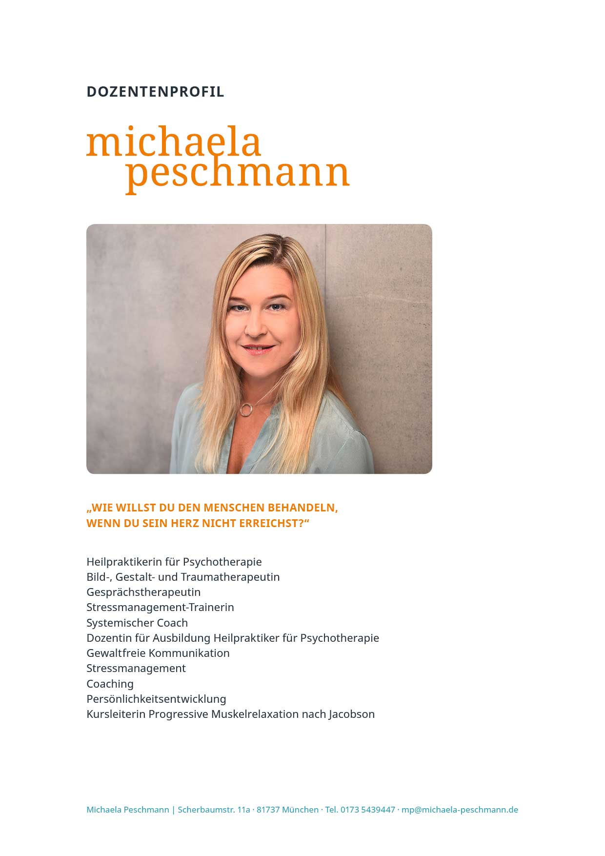 Dozentenprofil Michaela Peschmann mit Porträt und Qualifikationen, Heilpraktikerin für Psychotherapie, Traumatherapeutin