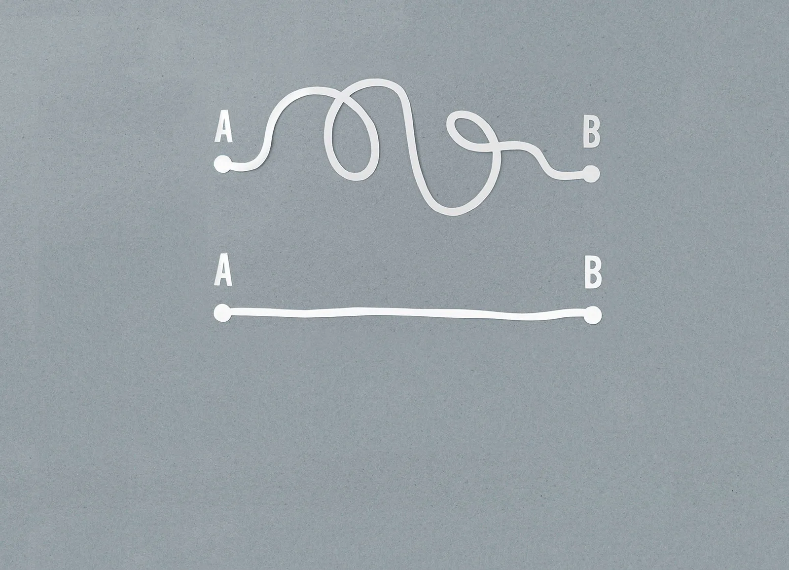Abstrakte Grafik mit zwei weißen Linien und Verbindungspunkten A und B auf grauem Hintergrund, symbolisiert Verbindung und Th