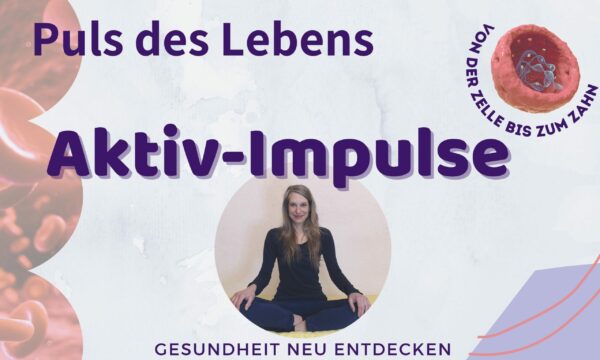 Aktiv-Impulse Promotional Banner mit meditierender Frau und Blutzellenillustration