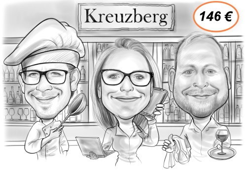 Punker Karikatur Grafik – druckfähige Bilddatei zum Download 3 Schwarz-Weiß Karikaturen-Szene mit drei Personen in Weinstube, Schild 'Kreuzberg', Preisschild 146 €