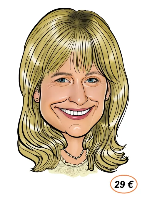 Punker Karikatur Grafik – druckfähige Bilddatei zum Download 7 Farbige Karikaturen-Kopf einer Frau mit blondem Haar, Halskette und Lächeln, Preisschild 29 €