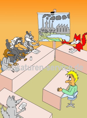 Punker Karikatur Grafik – druckfähige Bilddatei zum Download 5 Klimawandel-Karikatur mit Personen in Präsentation, Fabrik-Illustration und Kind mit Pflanze vor orangem Hintergrund