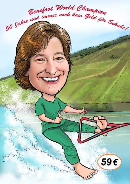 Punker Karikatur Grafik – druckfähige Bilddatei zum Download 8 Farbige Karikatur einer Frau beim Wakeboarden vor Berglandschaft, Text oben, Preisschild 59 €