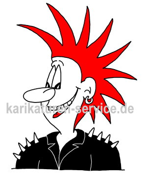 Punker Karikatur Grafik – druckfähige Bilddatei zum Download 2 Punker-Karikatur mit rotem Irokesenschnitt, Grinsen, schwarzer Lederjacke mit Nieten