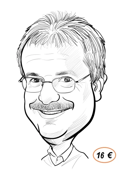 Punker Karikatur Grafik – druckfähige Bilddatei zum Download 6 Schwarz-Weiß Karikaturen-Kopf eines Mannes mit Brille, Schnurrbart und Haaren, Preisschild 16 €
