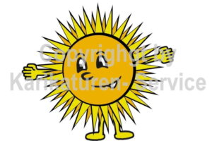 Cartoon-Sonne mit gelbem Körper, strahlenförmigen Haaren, lachend mit ausgestreckten Armen und Beinen