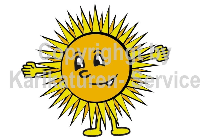 Punker Karikatur Grafik – druckfähige Bilddatei zum Download 1 Cartoon-Sonne mit gelbem Körper, strahlenförmigen Haaren, lachend mit ausgestreckten Armen und Beinen