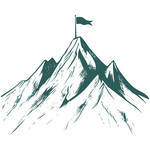 Berg mit Flagge auf dem Gipfel, Strichzeichnung im Schraffurstil in Grün