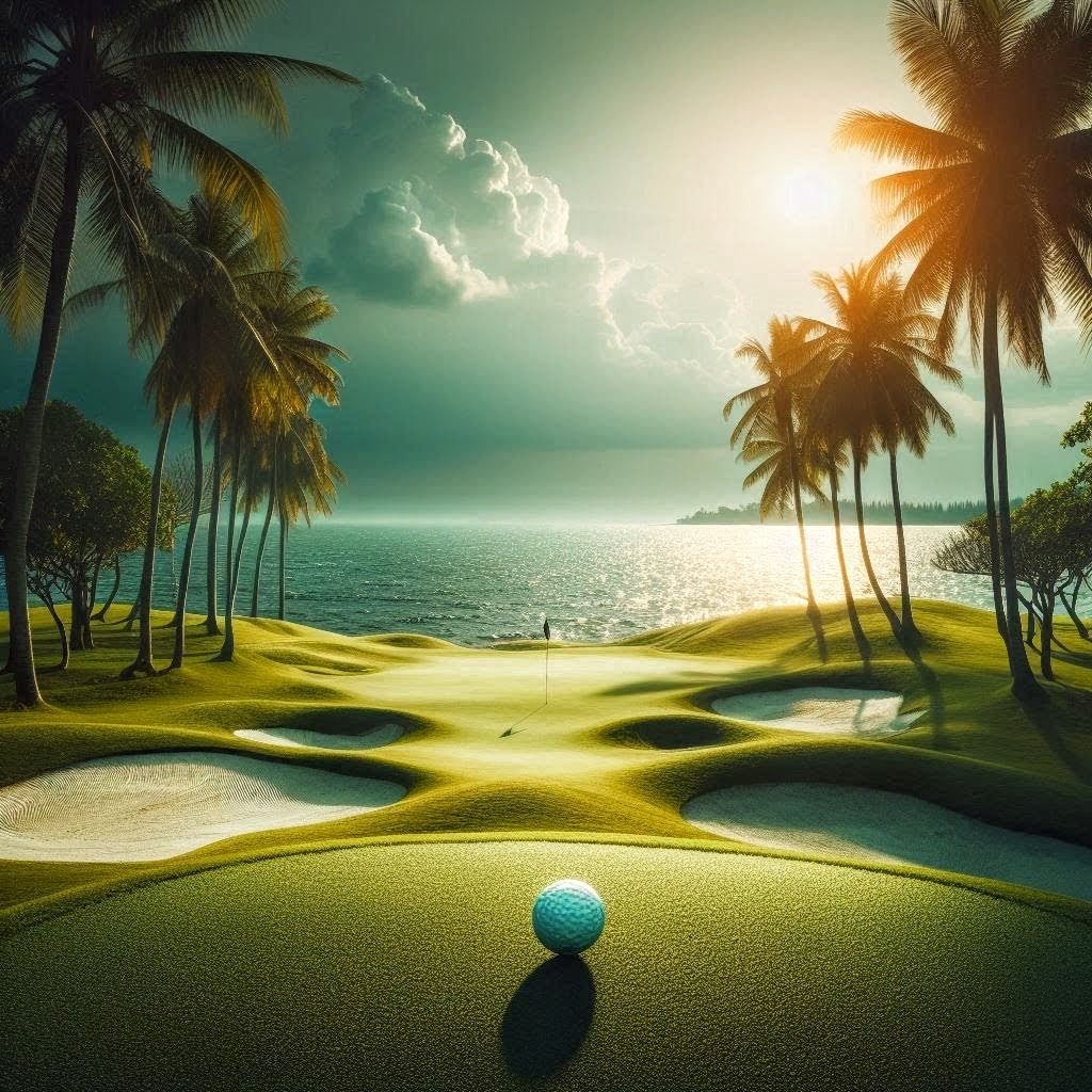Tropischer Golfplatz mit Palmen, Meer und Strand, blauer Golfball auf Grün bei Sonnenaufgang