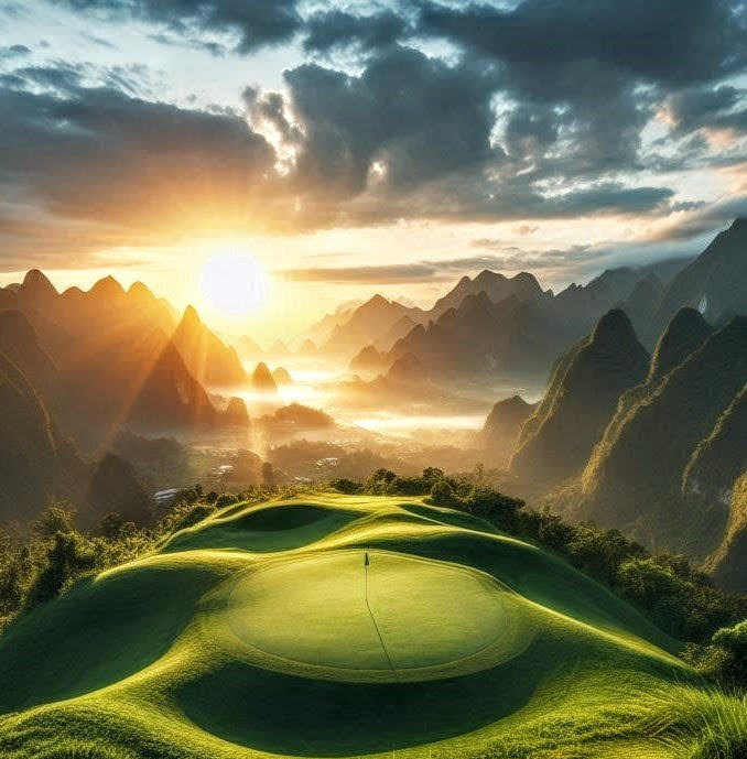 Golfplatz in Berglandschaft bei Sonnenaufgang, grünes Grün mit Fahne, dramatische Bergkulisse