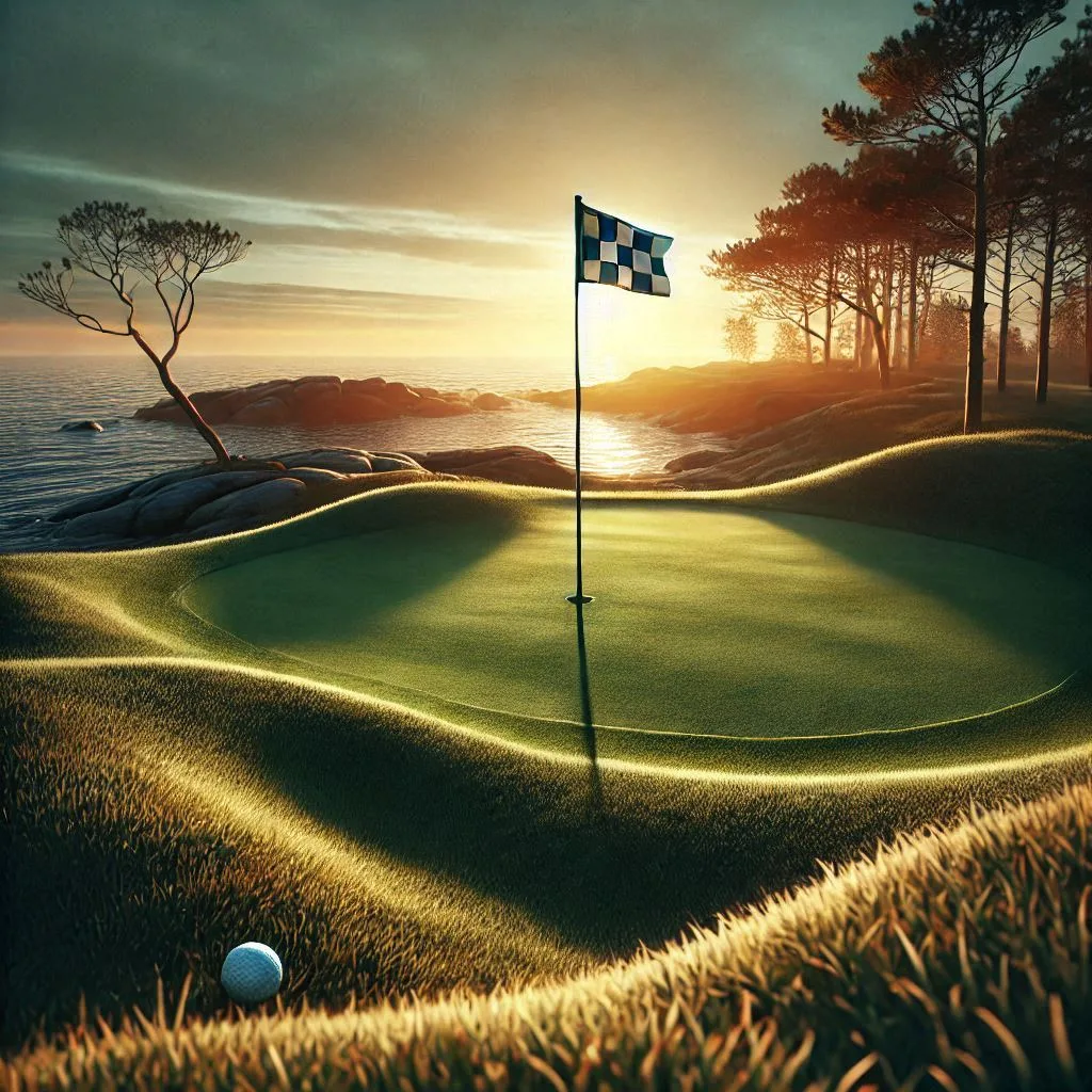 Idealer Golfplatz bei Sonnenuntergang mit Fahne auf Grün, Meer und Felsen im Hintergrund