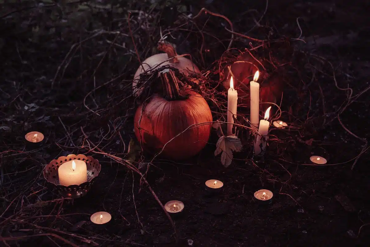 Brennende Kerzen und Kürbis zwischen dunklen Ästen, Halloween Samhain Ritual