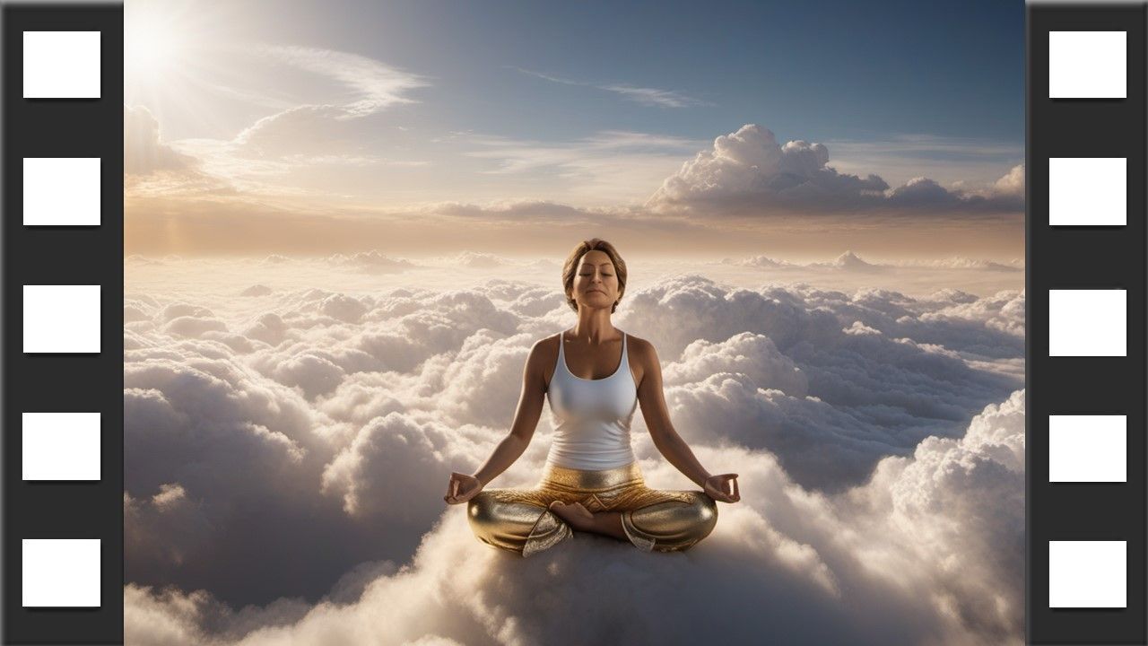 Frau sitzt meditierend über Wolken in Yoga-Position