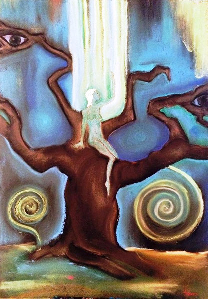 Abstrakte spirituelle Illustration mit zwei dunklen Figuren, weißem Lichtstahl und goldenen Spiralen auf blauem Hintergrund