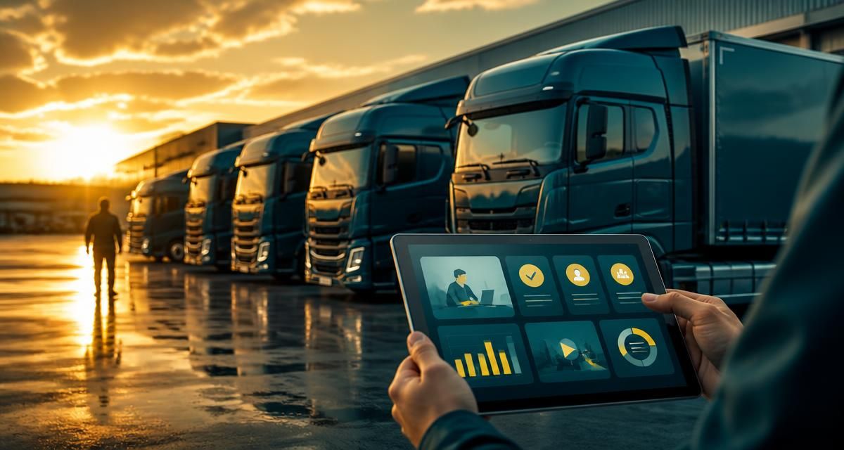 Person hält Tablet mit E-Learning-Interface vor Lastwagen bei Sonnenaufgang