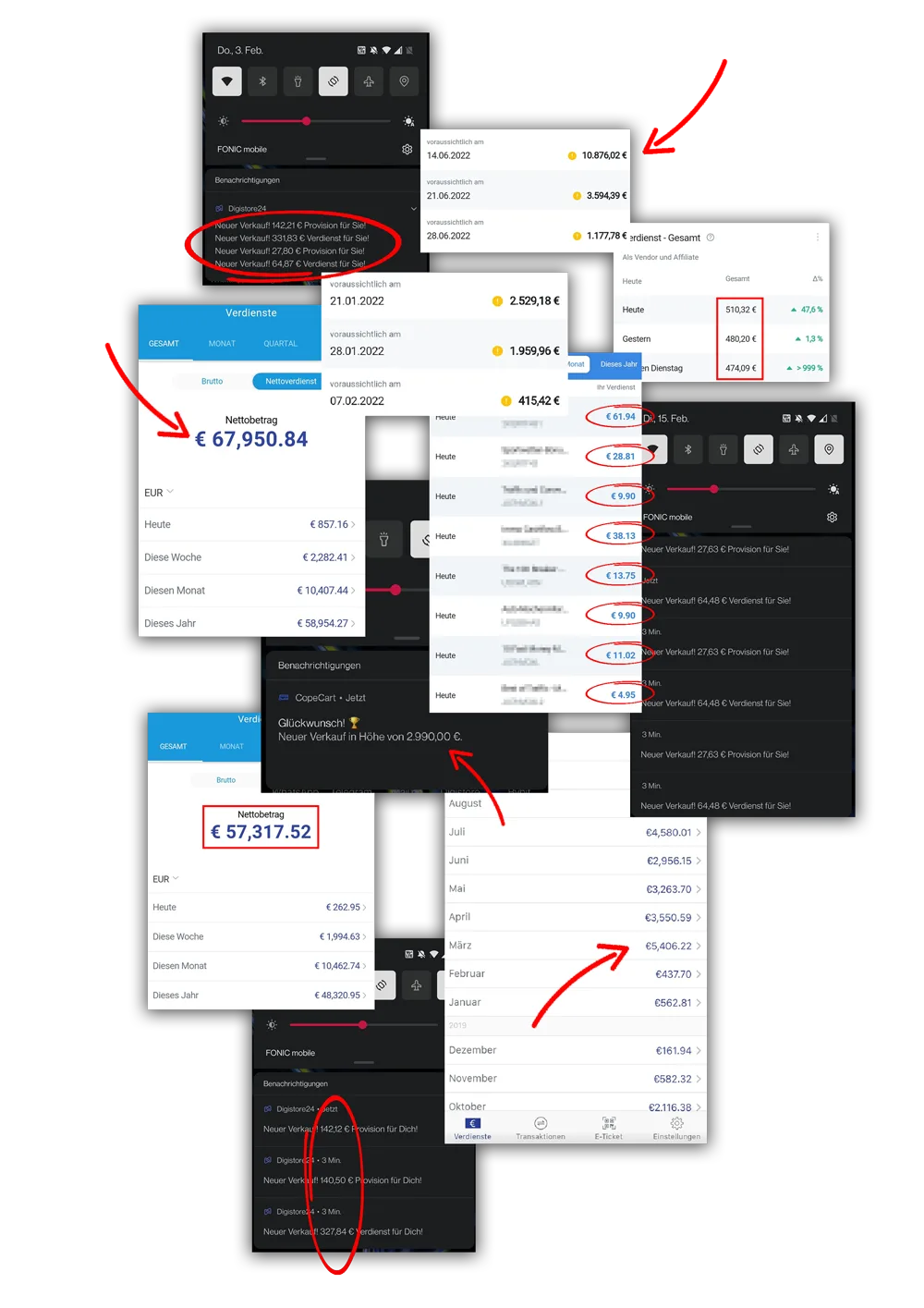 Screenshot-Collage von Einkommensbeweisen: Kontoauszüge, Nettobetrag und monatliche Verdienste mit roten Markierungen