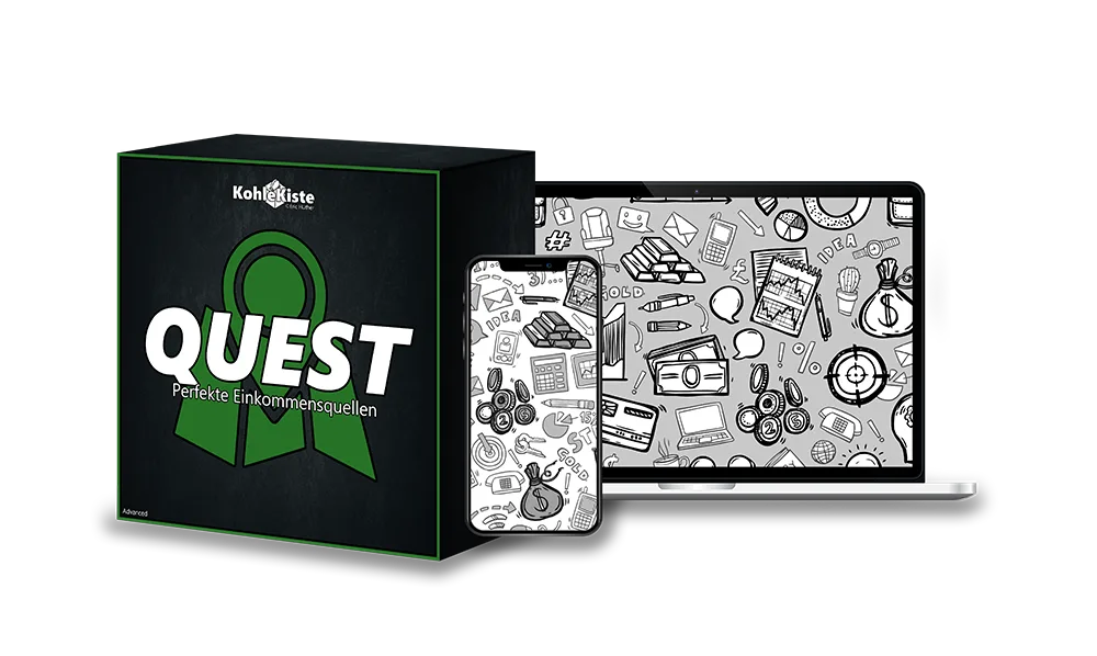 Quest Videokurs Produktabbildung mit Kohlenkiste Logo, Smartphone und Laptop