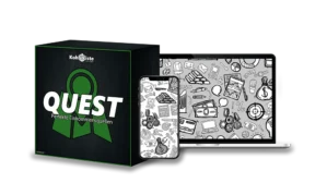 Produktabbildung Quest Kurs mit Kohlenkiste Logo, Box und Devices mit Pattern