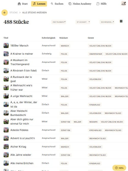 Screenshot Lernplattform mit 488 Stücken gelistet, Titel, Schwierigkeit und Genre-Filteroptionen