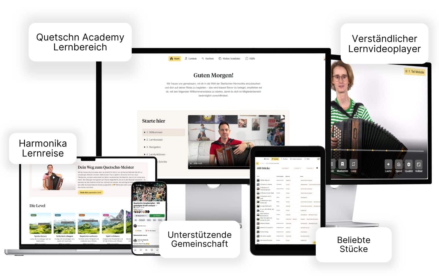 Quetschn Academy Lernplattform mit Lernbereich, Lernvideos, Community