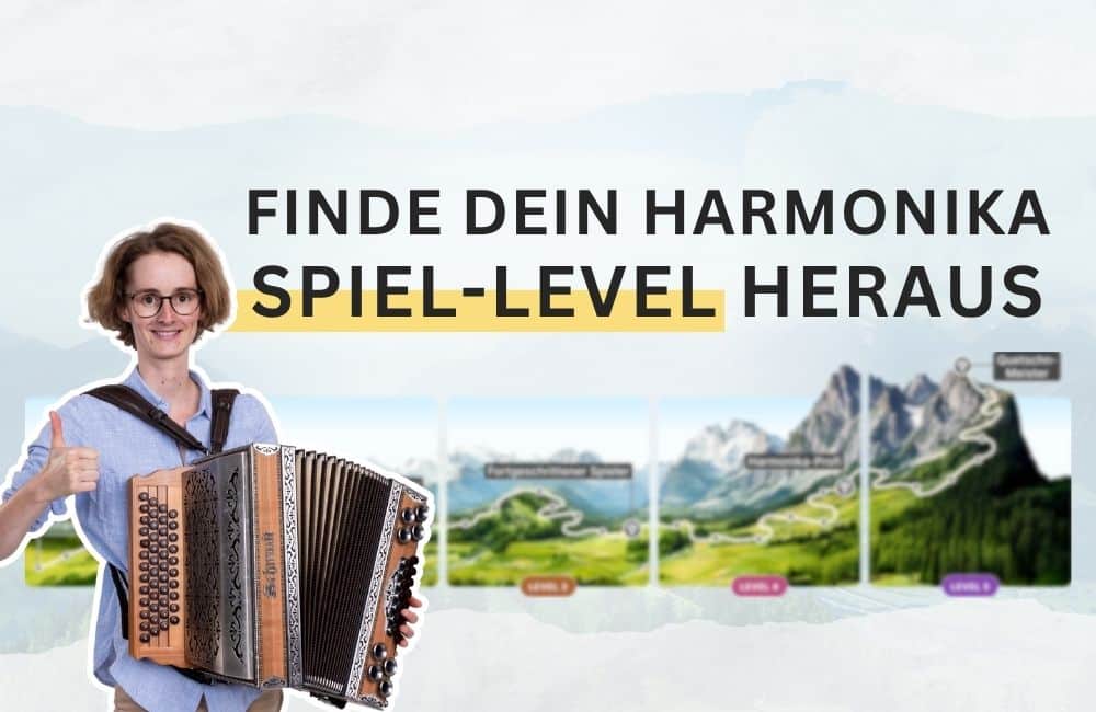 Mockup Game Level Test mit Mann und Harmonika, Text Finde dein Harmonika Spiel-Level heraus