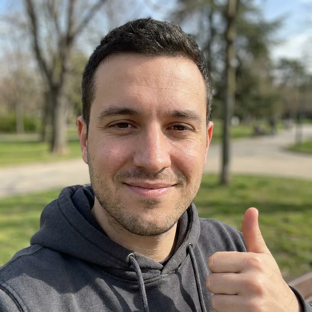 Mann in Hoodie im Park mit Daumen-hoch-Geste, lächelt in Kamera