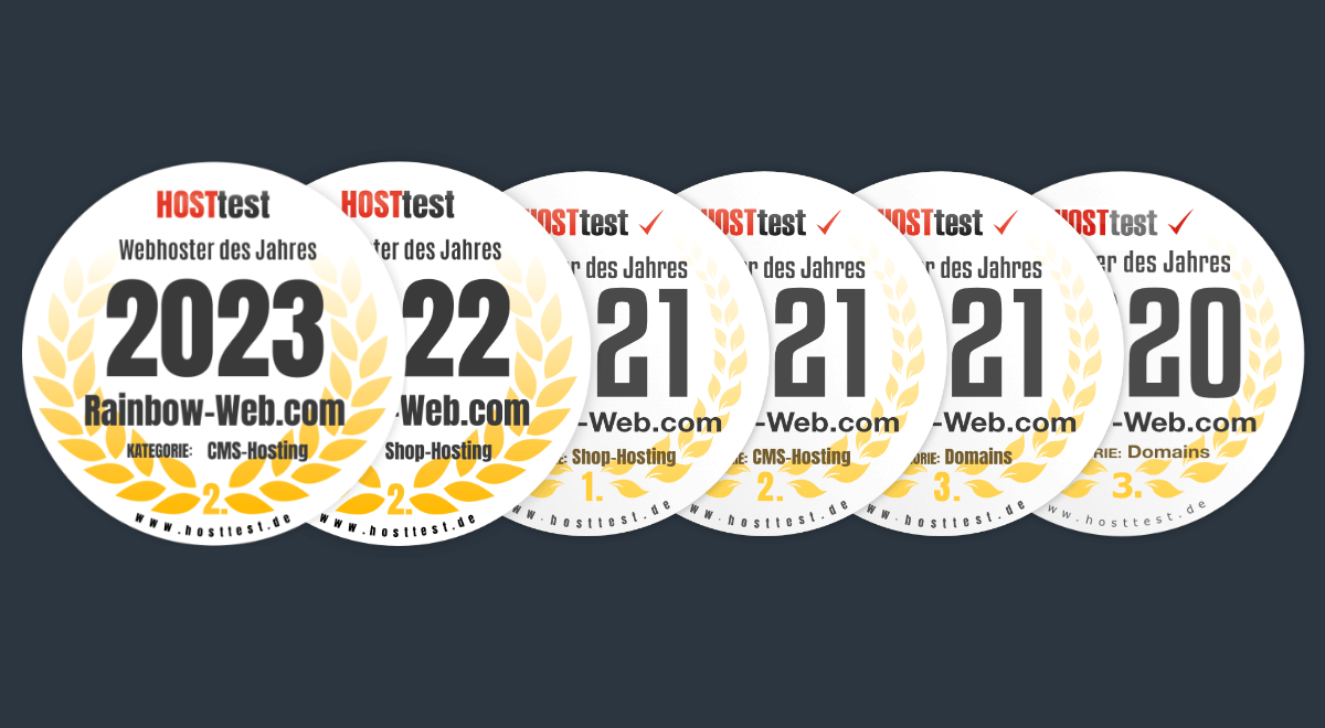 Rainbow-Web – Schnelles Webhosting und Domains 1 Sechs HOSTtest-Auszeichnungen für Rainbow-Web.com: Webhoster des Jahres 2023, Shop-Hosting und CMS-Hosting Awards 2022, 2021